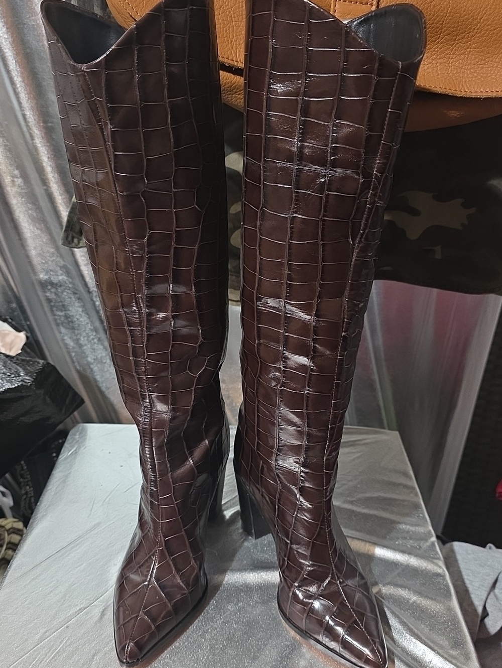 Croc-Embossed Pointed Toe Knee-High Boots in Dark Brown